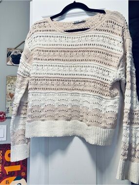 Crochet-Stripe Scoop Neck Sweater - Beige & Cream